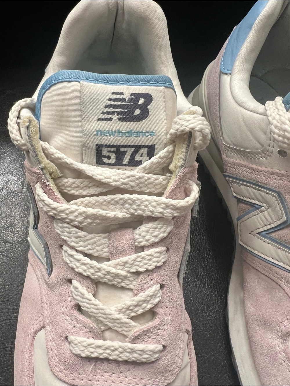 New Balance 574 Low Top Lace-Up Suede Stone Pink Blue Haze WL574QC - Picture 2 of 11
